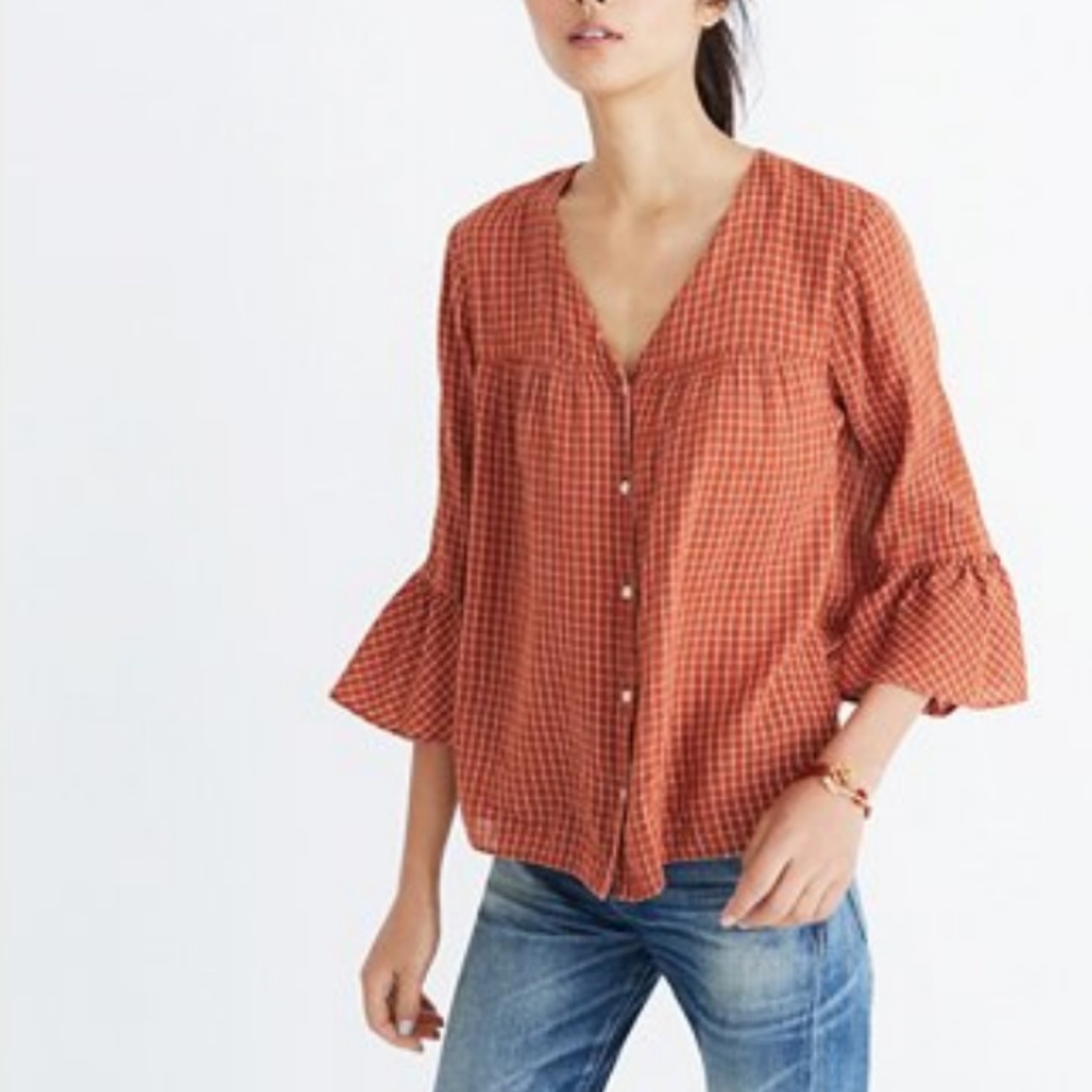Madewell Veranda Bell-Sleeve Shirt in Windowpane